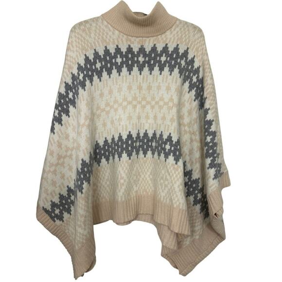 CENTRAL PARK WEST Beige & Gray Cashmere, Wool Blend Turtleneck Poncho Sweater L - Picture 1 of 11